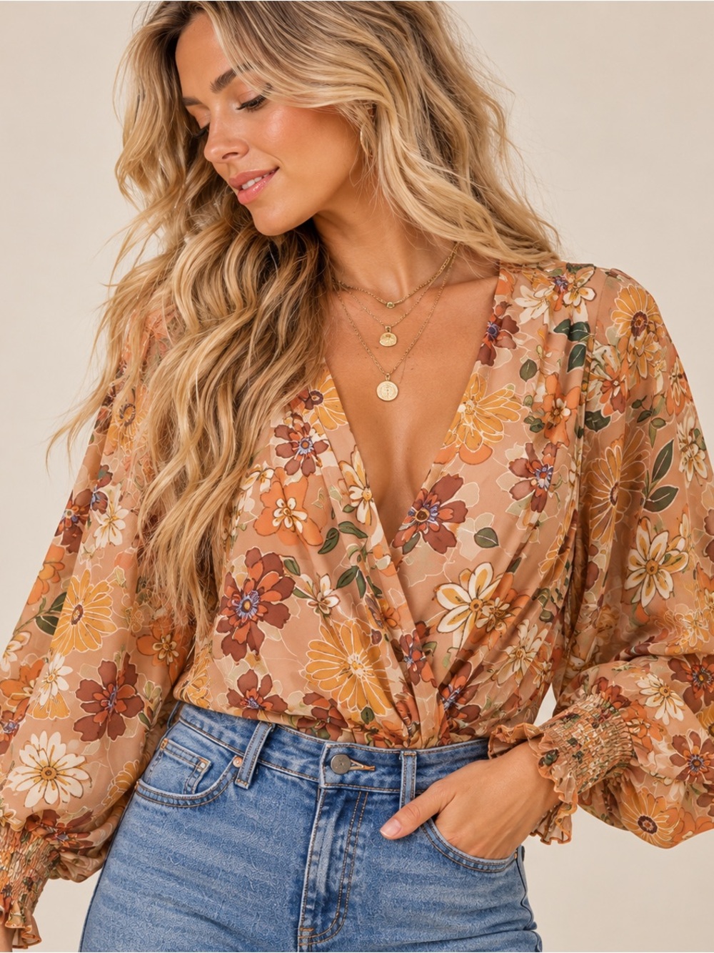 Flying Tomato Floral Bodysuit Womens L Boho Retro Surplice Puff Sleeve Top
